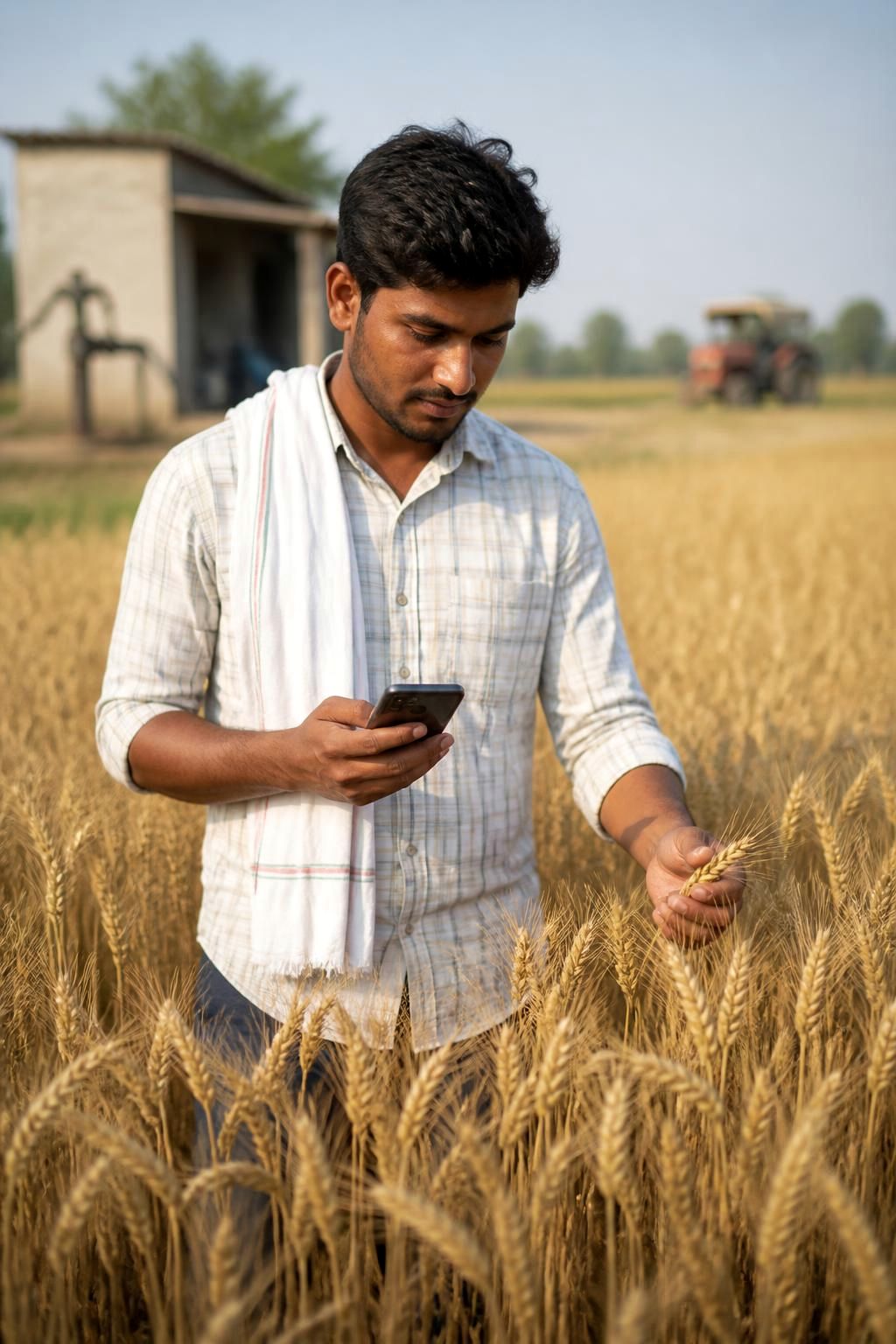 Young farmer checking his smartphone in his ripening wheat field