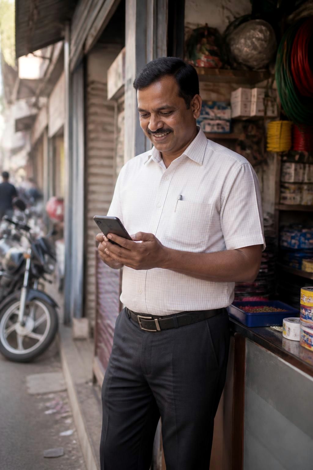 Small-town businessman checking orders on his smartphone outside his shop