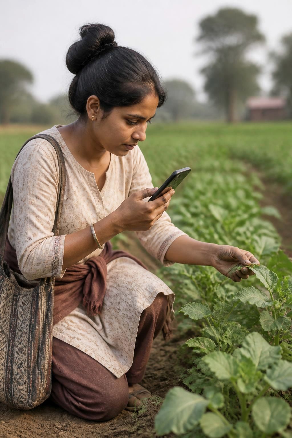 Young woman farmer photographing her crop leaves with her smartphone in the field